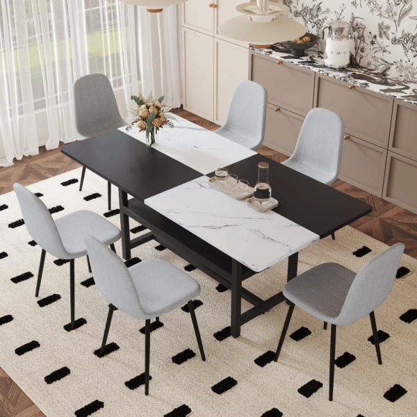 Table and chair set.71*35.4 inch White And Black Spliced Dining Table With Storage Function In The Middle Of The Table Legs.Paired With 6 Light Gray Linen Fabric Chairs.