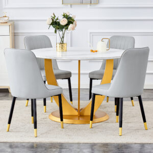 Table and chair set.Luxurious Snow Mountain White Slab Round Dining Table Set - 47"x47" with 4 Light Gray PU Chairs.Sintered Stone Tabletop,MDF Table Leg,