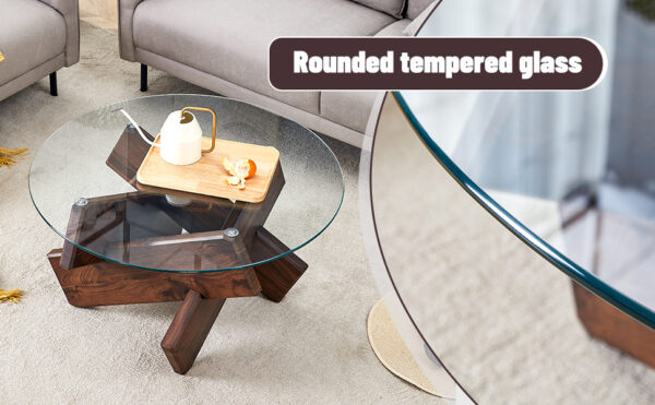 461ca87283a644cf9a2698dd24b8709a_8c26184e0da9607c27d5972a775fb2b0 Round glass coffee table, 33.4" modern design unique coffee table. Tempered glass top with Walnut colored texture sticker MDF legs. Suitable for living and dining rooms
