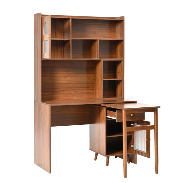 Computer Desk with 90 Degree Rotating Desktop, 43x70 Inch Office Desk with Storage Drawer and Cabinets, Gaming Desk with Shelves, Writing Desk for Study, Work Desk for Home Office Bedroom Living Room