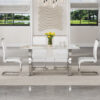 Table and chair set.63*31.4 Inch Pandora Patterned Sintered Stone Dining Table Set - 4 White PU Chairs With Silver Metal Legs.Modern Light Luxury.Perfect For Dinner Room,Meeting Room,Kitchen,etc.
