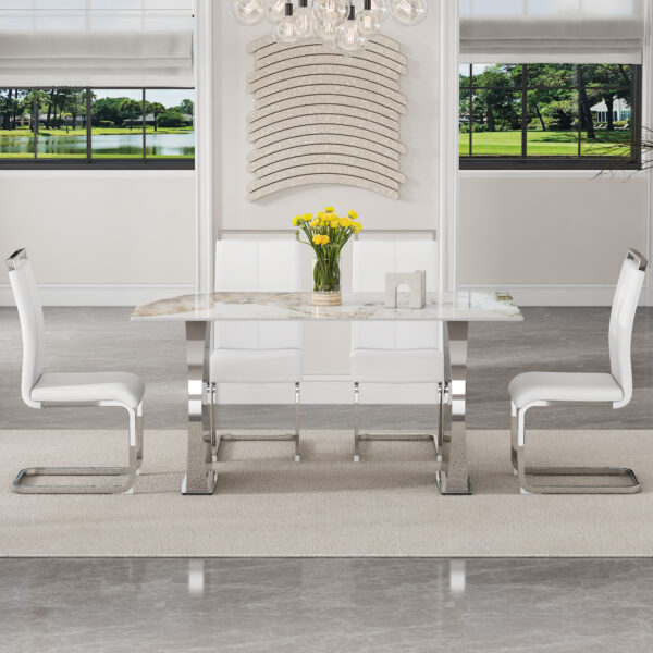 462d44e9efa0465b9f098950c8820092_68bfe7b2b7dac1d8e65be3a861a9df55 Table and chair set.63*31.4 Inch Pandora Patterned Sintered Stone Dining Table Set - 4 White PU Chairs With Silver Metal Legs.Modern Light Luxury.Perfect For Dinner Room,Meeting Room,Kitchen,etc.