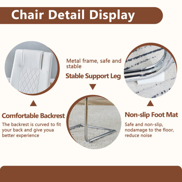 462d6379cee34ad0823248430f49034e_8dd2159499a3dacf0cbd10ba5daa618a Table and chair set.63"x31.5x30" Luxurious Snow Mountain Patterned Sintered Stone Table with Silver Stainless Steel Butterfly Legs.Paried With 6 White High-quality PU Chairs With Arched Metal Legs.