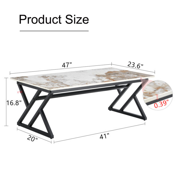 463156286b9340c584d9f4369695eb45_af6ea80c37c8b71efe3d3d3afe9ca42b A coffee table is made of rock slab material, with a natural and smooth marble pattern on the surface, which complements the modern design of the black metal legs and adds a touch of fashion.47*23.6