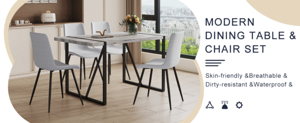 46480601e25a43d8b93a8b67004a2054_06dff78f0f83e540e170daae21dbb79f Table and chair set.A minimalist retro rectangular dining table with a textured top and black metal legs.Paired With 4 Light Gray Linen-Cotton Dining Chairs With Curved Widened Cushion Design.