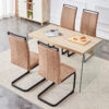 Table and chair set.Wood Texture MDF Coffee Table - Reinforced with Tempered Glass Legs.Paired with 4 brown technology fabric chairs with Featuring arched black legs.