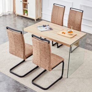 Table and chair set.Wood Texture MDF Coffee Table - Reinforced with Tempered Glass Legs.Paired with 4 brown technology fabric chairs with Featuring arched black legs.