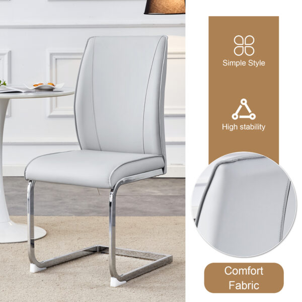 467964c452a241a2b19ef46feb4e683a_6bf3eec7a5d400b3a68778252efbe489 Table and chair set.Hourglass-Shaped Stable Small Round Table -31.9" * 31.9" With 4 Soft and Comfortable Light Gray PU Chair With Arched Metal Silver Leg.Create Your Exclusive Low-Key Luxury Space.