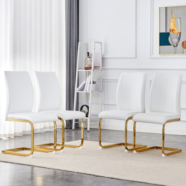 467a34d0ff8547d789641fb9c086b467_844941b4e522bb82ecdc8688d77d2051 Luxury Simple Arch Chair - Set of 4 White PU Material High Resilience Dining Chair with Arched Metal Gold Leg.