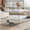 Double rectangular coffee table. The board surface is MDF, with white stickers, and both sides are transparent tempered glass. Suitable for living room, bedroom and other occasions.