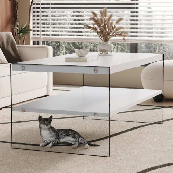 Double rectangular coffee table. The board surface is MDF, with white stickers, and both sides are transparent tempered glass. Suitable for living room, bedroom and other occasions.