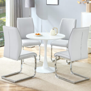 Table and chair set.Hourglass-Shaped Stable Small Round Table -31.9" * 31.9" With 4 Soft and Comfortable Light Gray PU Chair With Arched Metal Silver Leg.Create Your Exclusive Low-Key Luxury Space.