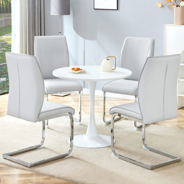 468bbb878ab94e3fad878c21928d8798_7ca993720ce5e80d0d2e113f264e5551 Table and chair set.Hourglass-Shaped Stable Small Round Table -31.9" * 31.9" With 4 Soft and Comfortable Light Gray PU Chair With Arched Metal Silver Leg.Create Your Exclusive Low-Key Luxury Space.