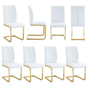 Luxury Simple Arch Chair - Set of 8 White PU Material High Resilience Dining Chair with Arched Metal Gold Leg.Packed In Two Boxes.