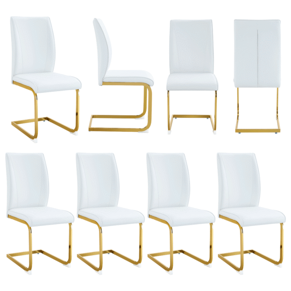46a6e2c7baa34d2683a0b813d989cdf4_49e1ec0a6388020b20f5e31191b5e041 Luxury Simple Arch Chair - Set of 8 White PU Material High Resilience Dining Chair with Arched Metal Gold Leg.Packed In Two Boxes.