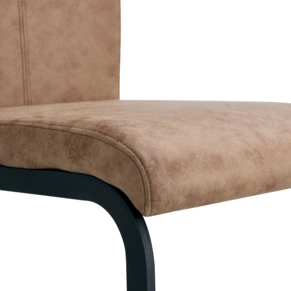 46b29537c5324b79ad3b45259912a5ea_c450b2d69ba386e5827e2f7ec0f9dde8 Table and chair set.67"x36" Wood-Textured MDF Dining Table Set with 6 Brown Fabric Chairs.MDF sticker,Wood colored texture sticker,Black C-tube dining chair legs,Suitable for kitchen,Dining room,etc.