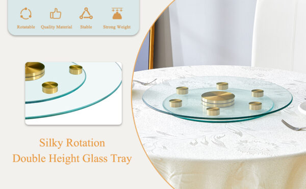 46b9a1ff07404caa8811fb178546a4a7_8aa2a02aba259bf08a68d824c75bf732 Double layer rotatable round glass.Golden aluminum plate,The rotatable design makes it convenient to retrieve and place items.The upper glass has a diameter of 20 inches,the lower glass15 inches.