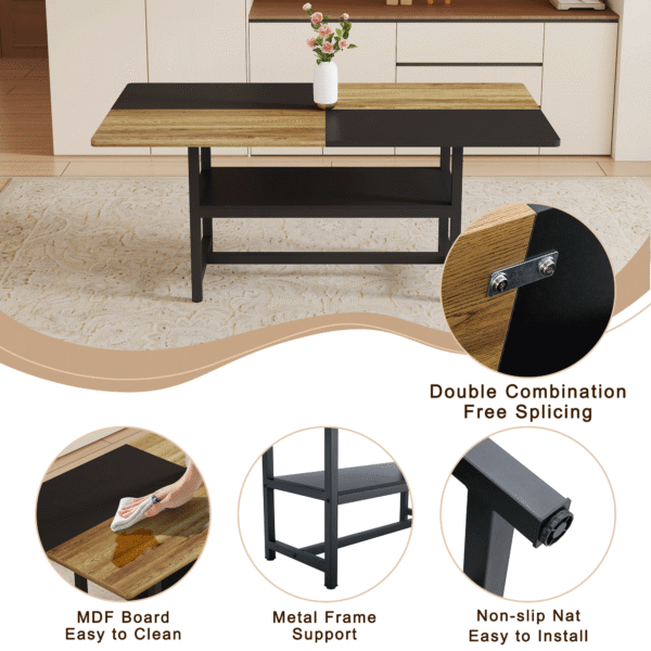 Table and chair set.71*35.4 inch Wooden And Black Spliced Dining Table With Storage Function In The Middle Of The Table Legs.Paired With 8 Light Gray Linen Fabric Chairs.