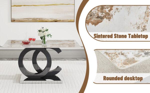 46dfef896d2a42a3b239cf2266105a74_8ea43dcfc9838b4f7cf226e8884a13d6 Table and chair set.63*31.5 Inch Pandora Pattern Sintered Stone Dining Table Set,MDF material OC shaped bracket,Paired With 2 Benches,A Choice of Subtle Luxury for Modern Homes.
