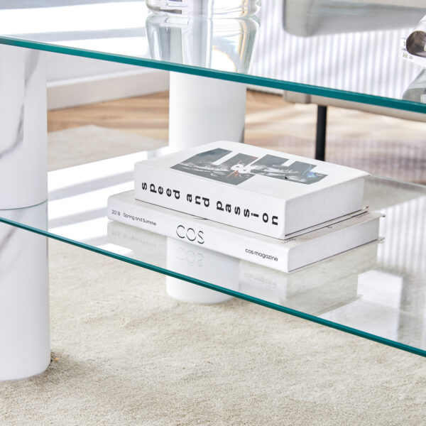 46e83f3f40d54c998f52c89e60fac890_20240311_1ea668d24c7eb9c5f98603497a40ce5d Modern minimalist double layered transparent tempered glass coffee table and coffee table, paired with white MDF decorative columns. Computer desk. Game table. CT-X02