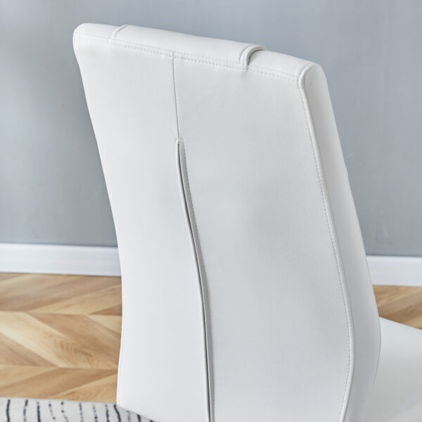 46eed60c91e2408d8bed1a45b8cafbf4_7fcd57ce91e0b95c23d01d8e34eeab57 Table and chair set.63"x31.5x30" Luxurious Snow Mountain Patterned Sintered Stone Table with Silver Stainless Steel Butterfly Legs.Paried With 6 White High-quality PU Chairs With Arched Metal Legs.