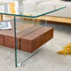 43.3 Inch Modern Two-Tier Coffee Table - Clear Tempered Glass and Dark Wood Grain, Multifunctional Storage Design.The bottom tier includes a drawer.Can be used as a coffee table,side table,etc.