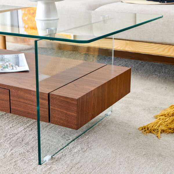 43.3 Inch Modern Two-Tier Coffee Table - Clear Tempered Glass and Dark Wood Grain, Multifunctional Storage Design.The bottom tier includes a drawer.Can be used as a coffee table,side table,etc.