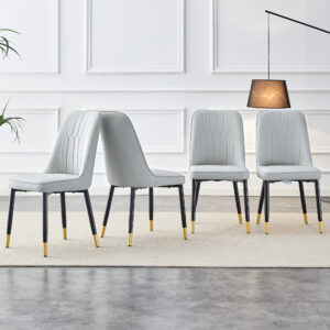 Modern dining chairs are equipped with light gray PU artificial leather backrest cushions and black metal legs, suitable for restaurants,kitchens,and bedrooms.Set of 4pieces (light gray+PU)W1151118943