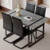 Table and chair set. Modern minimalist grey marble textured MDF dining table with metal frame.Paired with 4 black PU chairs with Black Featuring arched black legs.