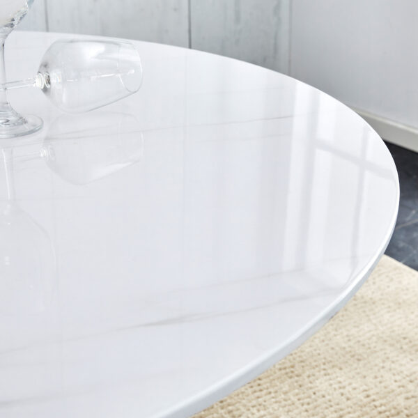 Modern minimalist white patterned circular dining table and coffee table. MDF desktop, diameter 42 inches, stainless steel metal legs, suitable for home and office use