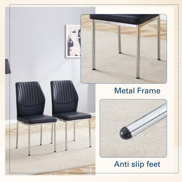 47409da40c8b4dd59a27242f403157fc_2887a6999fce9fdc50853f5fb13e9e2e Luxury Simple Chair - Set of 6 BLACK PU Material High Resilience Dining Chair with Metal Silver Leg.The Chair Back Has a Vertical Stripe Design With Smooth And Uniform Lines.