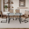 Table and chair set. Modern minimalist grey marble textured MDF dining table with metal frame.Paired with 4 brown technology fabric chairs with Featuring arched black legs.