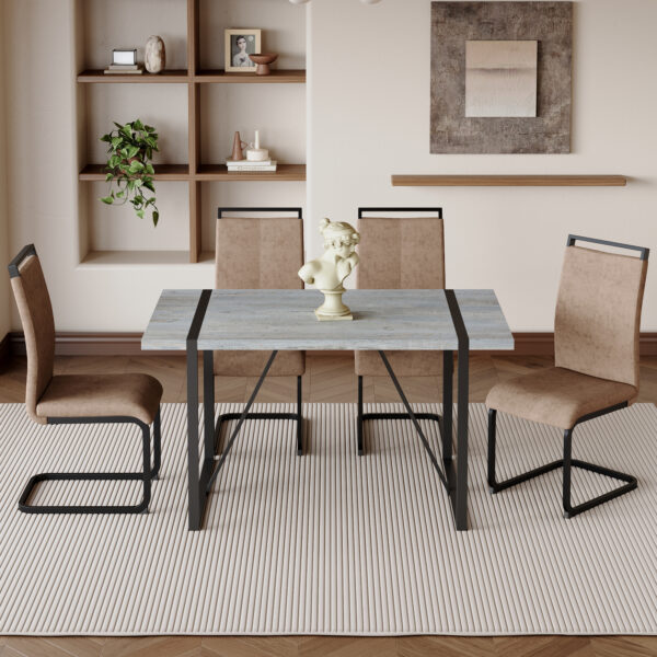 47411e1b8c984be79b0680557c66b051_5dd2ebeb6c4b353245ebcf52fd0d8df9 Table and chair set. Modern minimalist grey marble textured MDF dining table with metal frame.Paired with 4 brown technology fabric chairs with Featuring arched black legs.