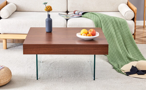 476059ccbf604333bab43e451f740814_53d15fc1dd5dd3f10fa34d551938f6e2 Walnut Colored Square MDF Coffee Table - 31.5"x31.5" with Tempered Glass Legs.Density Board Sticker,Reinforced Glass Legs.Walnut Colored Texture Sticker.
