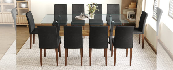 476c13f2cc5f491291086ebf88c21654_e3e815750a483c932667852feb012b04 Table and chair set.79"x31.5" Inch Tempered Glass Tabletop With X-shaped Black Metal Table Legs,Wood Grain Textured MDF Crossbeam.Paired With 10 Black PU Dining Chairs with Walnut Color Metal Leg.