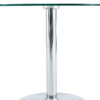 A 35-inch diameter glass top and a modern, minimalist round dining table with silver metal legs. Ideal for dining rooms, living rooms and meeting rooms.