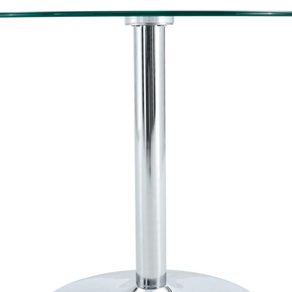 47909876e90b464fa84302bd05638b85_20240320_5f088f7ee39718e1da590ef5edb12554 A 35-inch diameter glass top and a modern, minimalist round dining table with silver metal legs. Ideal for dining rooms, living rooms and meeting rooms.