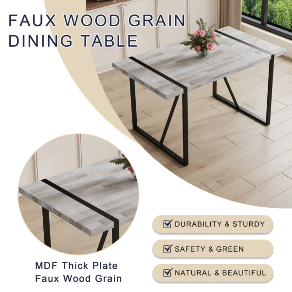 479c2681c57742838e0ce61f85feccac_47a23009ae388338a44597c6a5b0dd84 Table and chair set.A minimalist retro rectangular dining table with a textured top and black metal legs.Paired With 4 Light Gray Linen-Cotton Dining Chairs With Curved Widened Cushion Design.