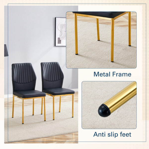 479c31275d3f4a5e845ee29112a35970_4f9f4105185d35247029099cbdc12fa1 Luxury Simple Chair - Set of 6 BLACK PU Material High Resilience Dining Chair with Metal Gold Leg.The Chair Back Has a Vertical Stripe Design With Smooth And Uniform Lines.