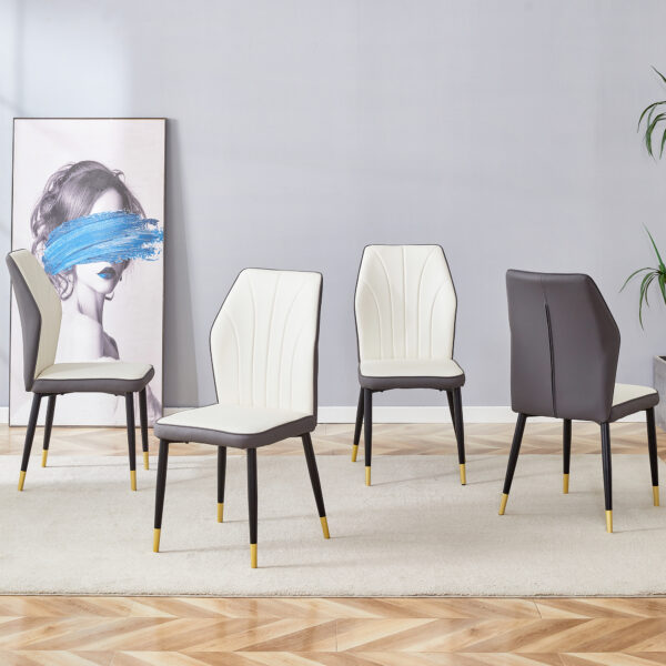 47ab67b046ad4b78959ec6f653c87fc2_8d1e8c1525e61ca9dfa5632e59c7768d 4 modern dining chairs with stylish PU patterned backrest and black metal legs for a comfortable home experience in the kitchen, bedroom and office.