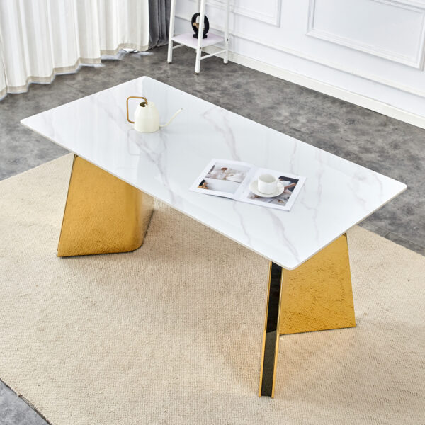 47ade4eb8c604b23965a215272455f07_f90927780f15d79c85c9ff40c3541347 63"x31.5x30" Luxurious Snow Mountain Stone Slab Dining Table with Golden Stainless Steel Butterfly Legs.The tabletop is designed to be scratch and heat resistant.Slabs Tabletop,