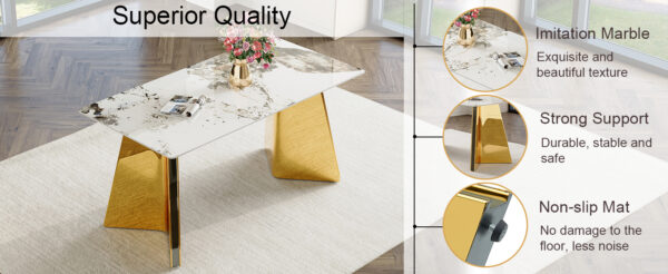 47b53b21acd547b8ae6df1cd5ade68be_062683331f6f4d6657f97ba10a441837 Table and chair set.63"x31.5x30" Luxurious Pandora patterned Sintered Stone Tabletop with Golden Stainless Steel Butterfly Legs.Paried With 6 Black High-quality PU Chairs With Arched Metal Legs.