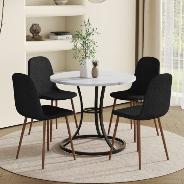 47c3ba660f7d4241acf248de8a4d871a_5598cf1c0d8eaf248e50d99763240855 Table and chair set.A Modern Minimalist Circular Dining Table With A Diameter Of 33.3 Inches.Paired With 4 Black Linen-Cotton Material High Resilience Dining Chair with Metal Leg.