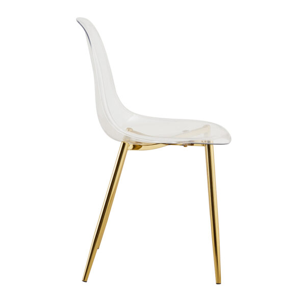 47dfe555e44441c6a3b7991b2dbf3a67_11c41e31cea47bda3f2ebb39f5f5970e Transparent and stylish ergonomic dining chair unlocks a new experience of lightweight fashion, comfort, and stability. Transparent seat cushion, golden metal legs. One box of three.