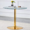 A 35-inch diameter glass top and a modern, minimalist round dining table with gold metal legs. Ideal for dining rooms, living rooms and meeting rooms.