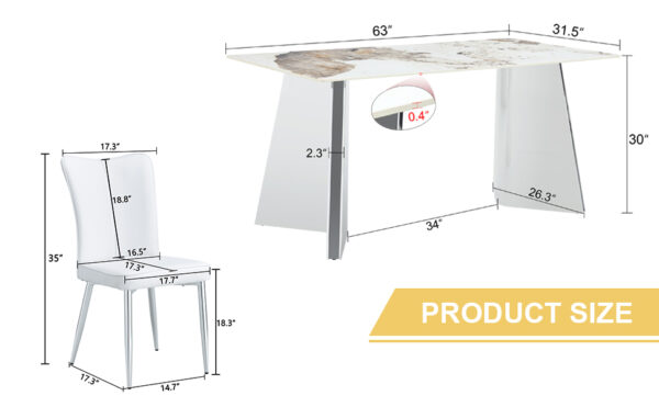 47f3a84eb8c64c07b3bd12be58f7c894_fa168e63892771bae71c41eaf632481d Table and chair set.63"x31.5x30" Luxurious Pandora patterned Sintered Stone Tabletop with Silver Stainless Steel Legs.Paried With 4 White PU Chairs with a vertical stripe design on the backrest.