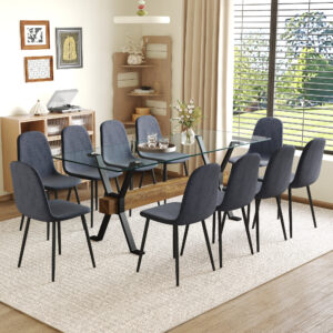 Table and chair set.79"x31.5" with X-shaped Black Metal Table Legs,Wood Grain Textured MDF Crossbeam.Paired With 10 Chairs Made Of Dark Gray Lnen Fabric.Iron pipe spraying Legs.