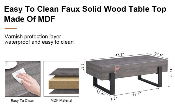 482e8cfa71bf4740a6ab968272a2b676_20240122_fc3d5e2653a8c72b37525e1d390c4928 A rustic gray wood grain MDF coffee table with black metal legs - an elegant space in natural wood tones
