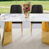 Table and chair set.63"x31.5x30" Luxurious Pandora patterned Sintered Stone Tabletop with Golden Stainless Steel Butterfly Legs.Paried With 4 Black PU Chairs with Simple Line Designs On The Backrest.