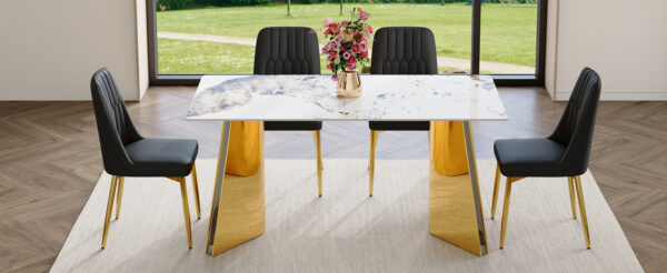 486f88ecec6e47b69b58b29fa3fa65a7_537d54cf0f962ba80b3e0d6870c99517 Table and chair set.63"x31.5x30" Luxurious Pandora patterned Sintered Stone Tabletop with Golden Stainless Steel Butterfly Legs.Paried With 4 Black PU Chairs with Simple Line Designs On The Backrest.